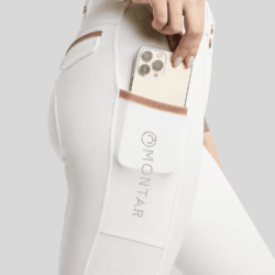 Pantalon d’équitation Montar MoGlenda Full Grip blanc avec détails Rosegold Caviar et poches téléphone/dos