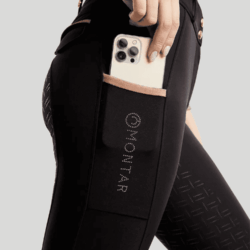 Pantalon d’équitation Montar MoGlenda noir Full Grip avec détails Rosegold Caviar et poches téléphone/dos