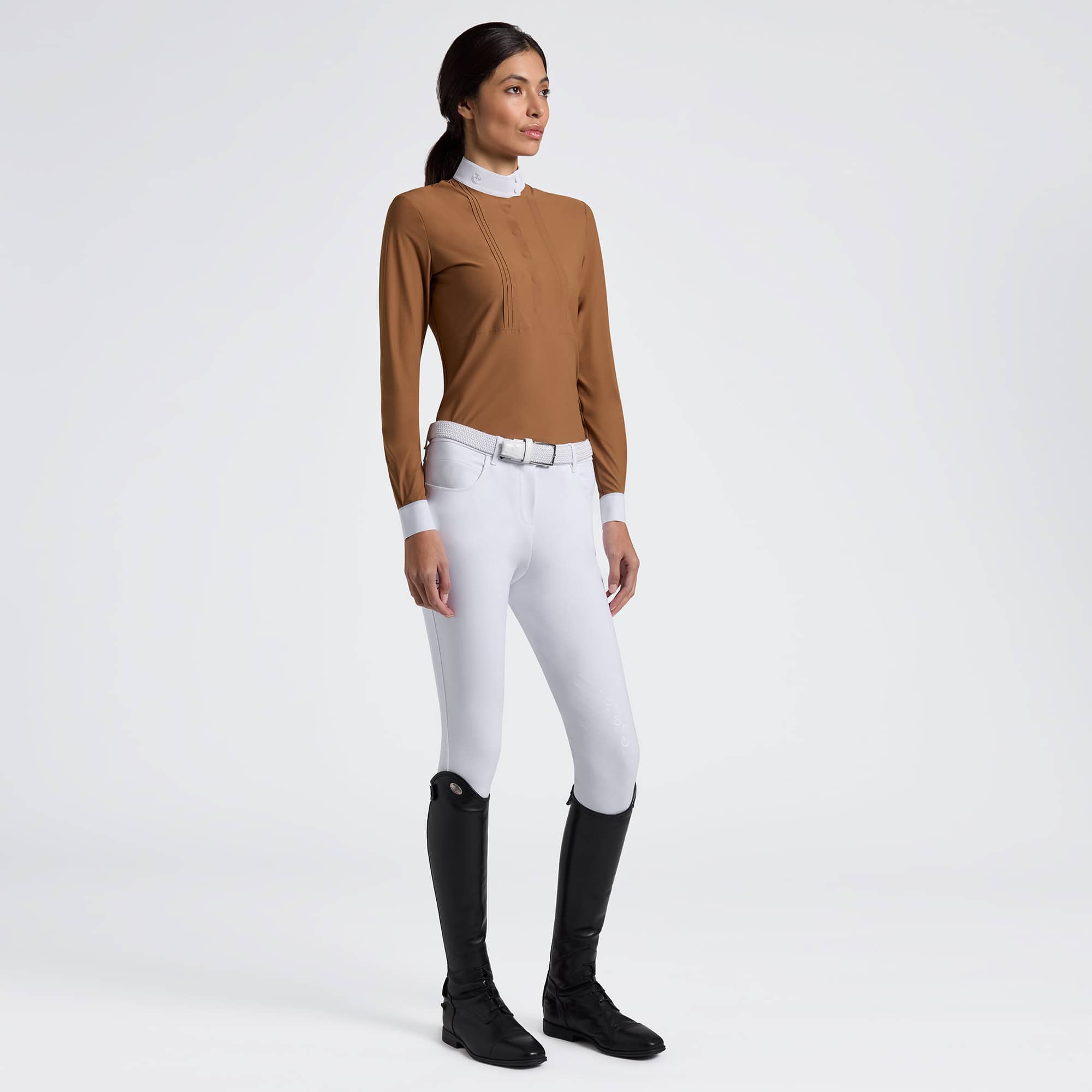 cavalleria-toscana-womens-long-sleeve-bib-camel-fw25.jpg Chemise de concours Cavalleria Toscana femme manches longues Camel FW25 stretch et respirante