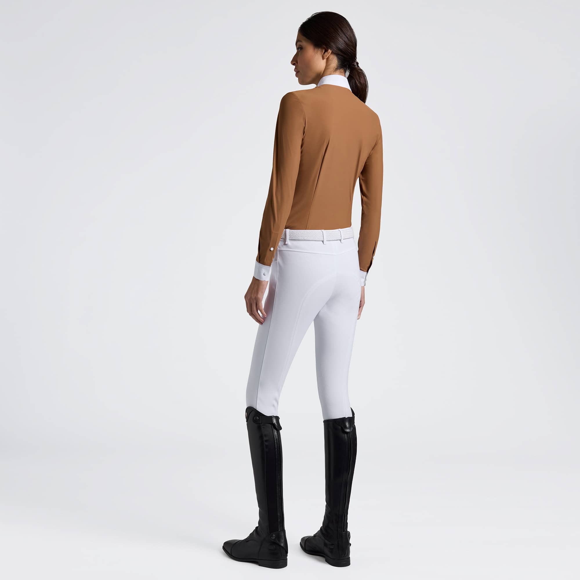 cavalleria-toscana-womens-long-sleeve-bib-camel-fw25.jpg Chemise de concours Cavalleria Toscana femme manches longues Camel FW25 stretch et respirante