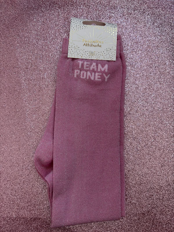 Chaussettes Équitation Adultes Paillettes Attitudes "Team Poney" – Rose Chaussette tendance rose de chez paillettes attitude