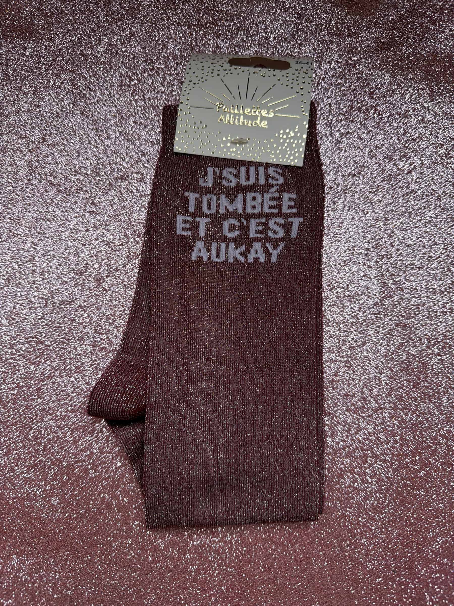 Chaussettes Équitation Adultes Paillettes Attitudes "J’suis tombée et c’est aukay" – Mauve