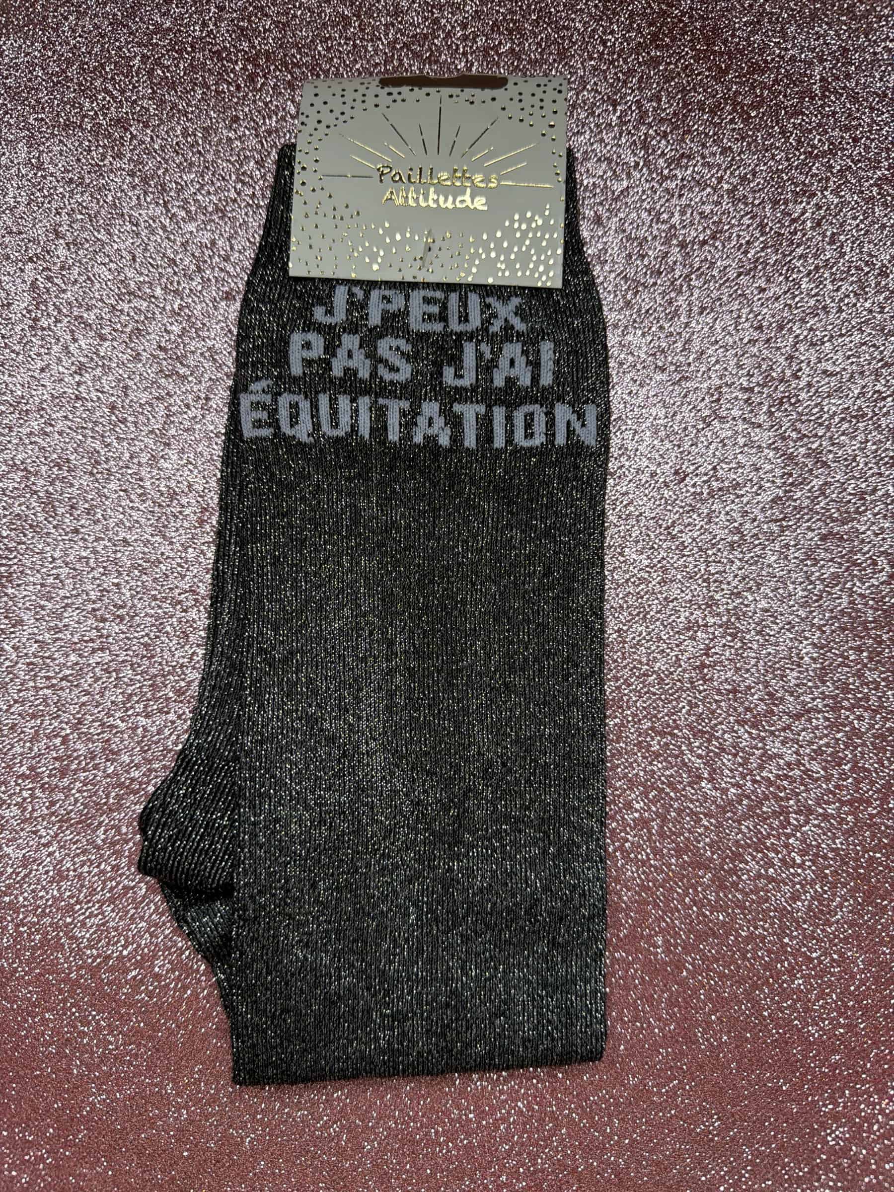 Chaussettes Équitation Adultes Paillettes Attitudes "J’peux pas j’ai équitation" – Noir